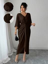 Elenzga Plus Size V-Neck Cinched Waist Bodycon Dress