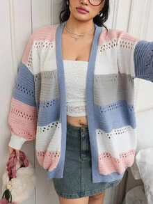 SHEIN EZwear 大码休闲拼色条纹镂空针织开衫，秋冬 - 彩色 - 查看 5