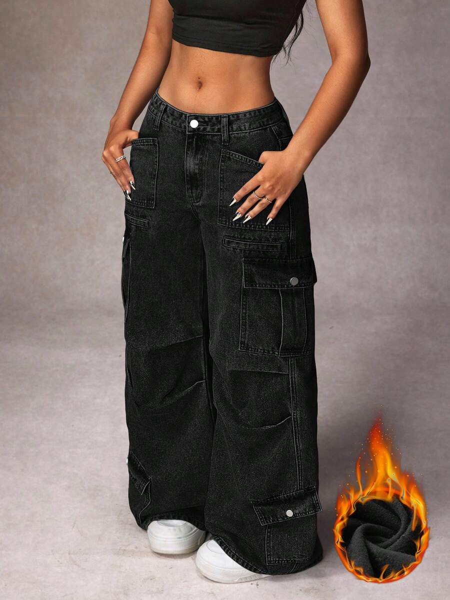 SHEIN PETITE 女式休闲宽松保暖内衬工装牛仔裤 - 黑色 - 查看 1