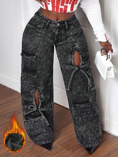 Slaydiva Plus Size Women Loose Fit Butterfly Decor Hollow Out Denim Wide Leg Pants