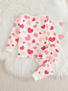 Cozy Pixies Off-White Autumn Cute Lounge Baby Girl Heart Shaped Set,Soft Knit Long Sleeve Crew Neck Top And Elastic Waist Pants Two Piece Pajama Snug Fit Clothing - Baby Pink - View 2
