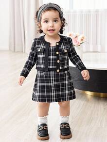 SHEIN Babygirl Cute Black & White Houndstooth Print Long Sleeve Dress & Jacket Set Fall Winter - Black - View 1