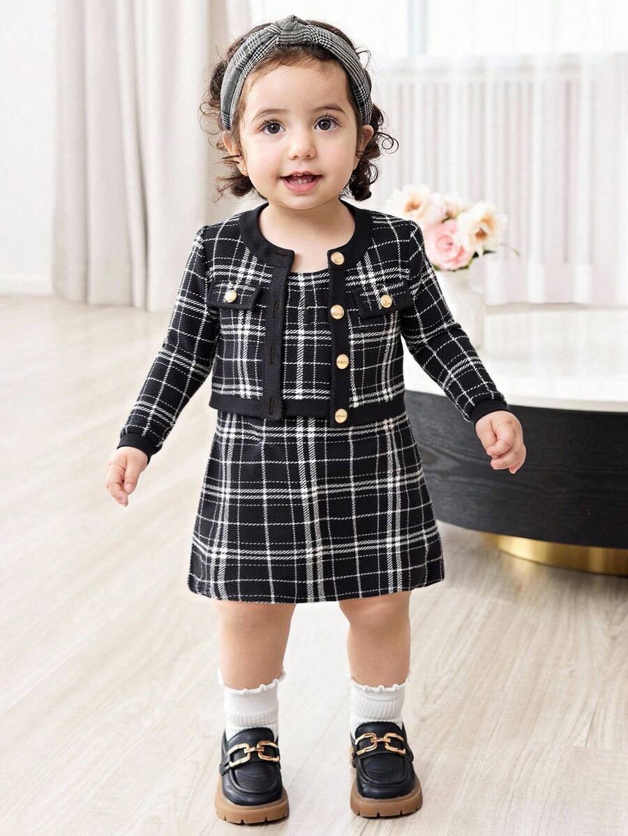 SHEIN Babygirl Cute Black & White Houndstooth Print Long Sleeve Dress & Jacket Set Fall Winter - Black - View 1