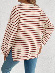 SHEIN 孕妇休闲条纹圆领落肩长袖运动衫双层衬里上衣女款条纹上衣毛衣上衣条纹长袖 - 紅白色 - 查看 2
