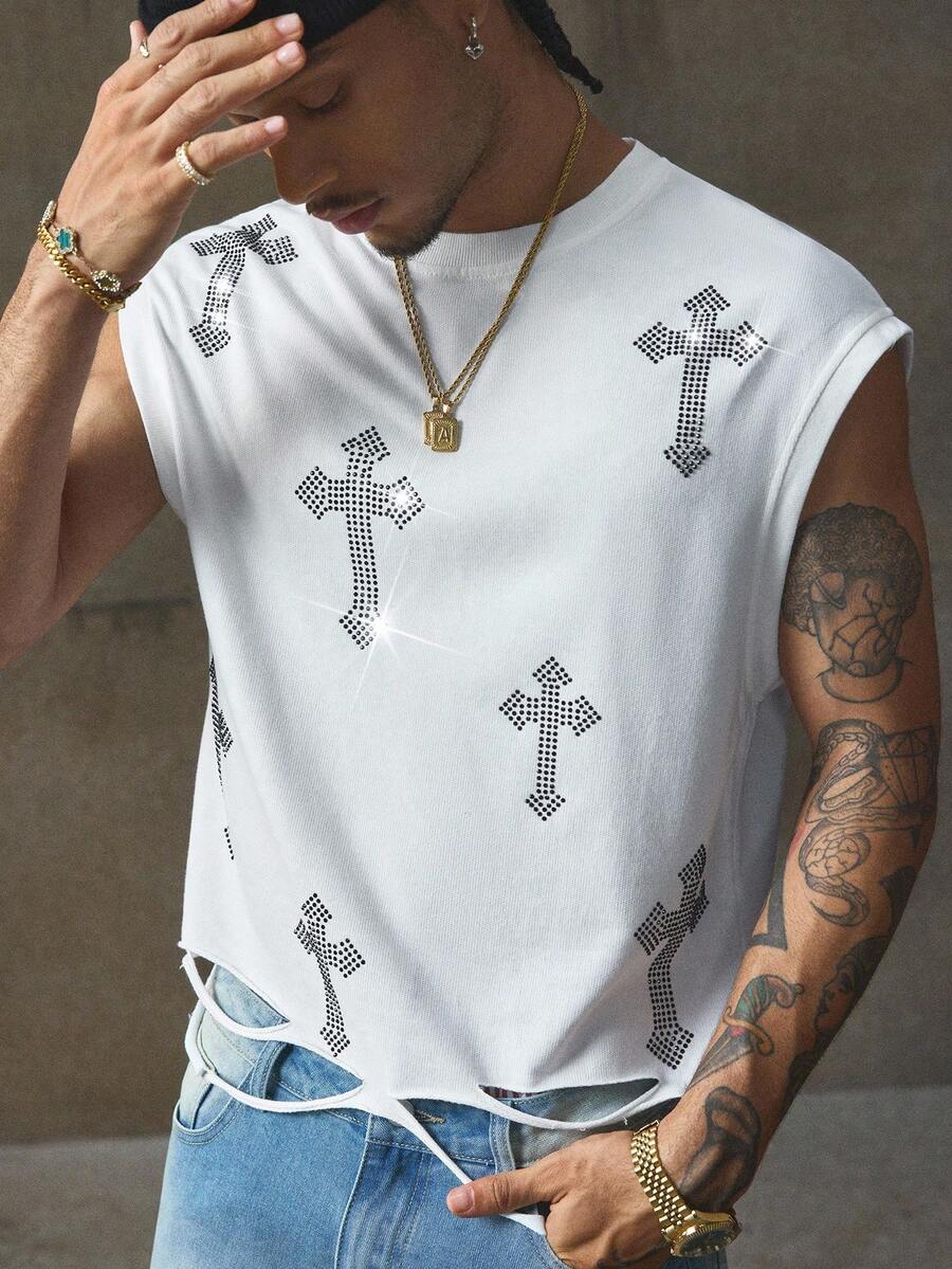 AXEPEAK Tank Top Tanpa Lengan Pria Kasual Musim Panas Warna Hitam dengan Hem Bertekstur dan Hiasan Rhinestone - Putih - View 1