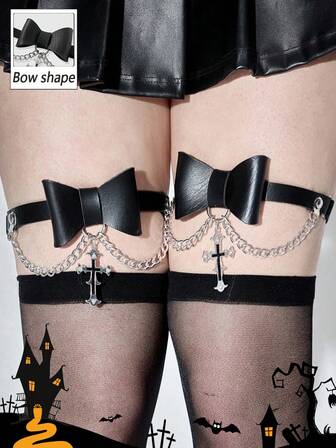 Goth 2 Confezioni di Accessori Versatili per Costumi di Ognissanti: Leggings, Anelli per Gambe, Gonne Corte Stile Punk con Fiocco, Catena e Decorazione a Goccia Stile Dark