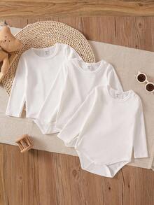 SHEIN 3pcs/Set Casual Ribbed Long Sleeve Bodysuit For Baby Girls - White - View 3