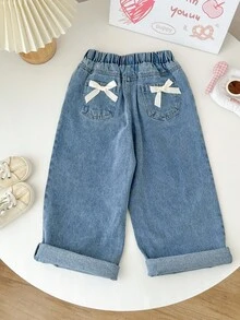 Genkimix Kids 少女时尚宽松直筒牛仔裤，后袋饰有蝴蝶结，春秋季 - 中等水洗藍 - 查看 6