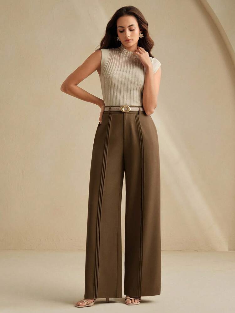 Anewsta Essential Elegant & Chic Brown Wide Leg Pants With Pleated Leg Design, Suitable For Fall/Autumn