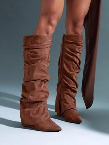 SHUZIA Botas de cuña de punta puntiaguda hasta la rodilla para mujer, adecuadas para uso diario casual y vacaciones - Marrón - Ver 2