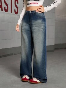 少女 Y2K 风格水洗蓝色宽松休闲牛仔裤，直筒裤，适合日常时尚