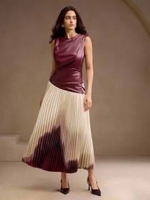 Anewsta Beige Autumn Elegant Dining Women's High-End Sleeveless Leather Jacket Patchwork Gradient Floral Pleated Long Dress,Spring Formal Party New Year Dress - Burgundy - View 4