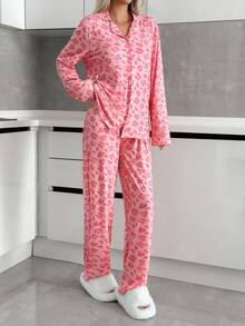 EURMUSE Women 2 Pcs Button Front With Animal Pattern Pocket Detail Long Sleeve Shirt&Pants Homewear Pajama Set Womens Pajama Set Pajama Pink Pink Pajamas Pink Animal Print Pajamas Animal Print Pajama Set - Pink - View 4