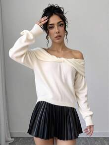 CLARA VERO Women Solid Color Front Twist Drop Shoulder Pullover,Jumper,Cream Jumper,Jumpers,Black Jumper,Womens Jumper,White Jumper,Women's Jumper,Women's Jumpers,Winter Clothes - Cream - View 4