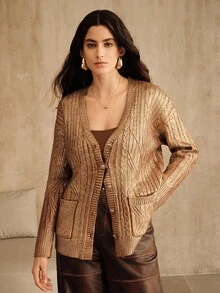 Anewsta 女士新款休闲烫金印花中长款针织开衫，秋冬 - 金色 - 查看 5