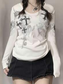 INAWLY 女士休闲十字印花 T 恤，春/秋 - 白色 - 查看 1