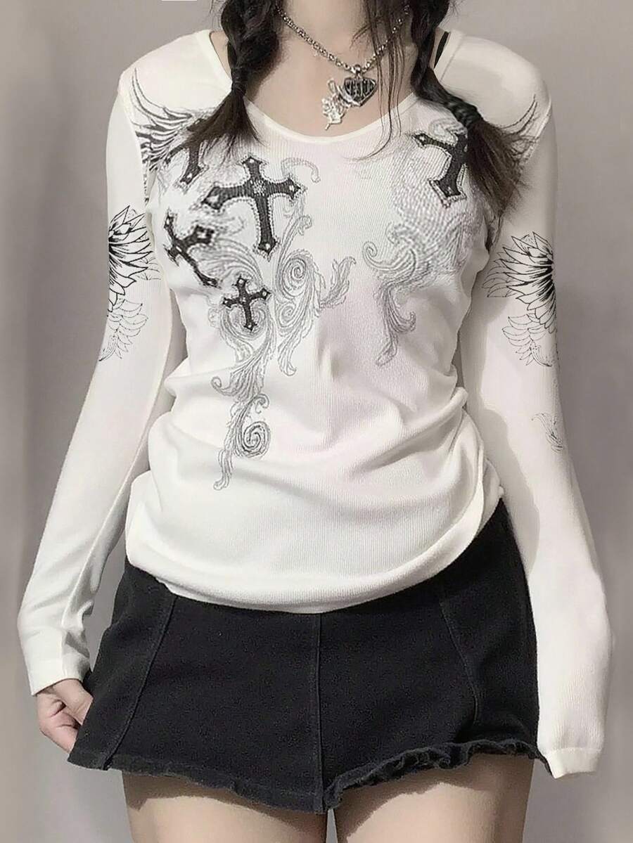 INAWLY 女士休闲十字印花 T 恤，春/秋 - 白色 - 查看 1