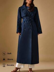 Briarwyn 女士时尚休闲纯色双排扣长款风衣 - 藏蓝色 - 查看 4