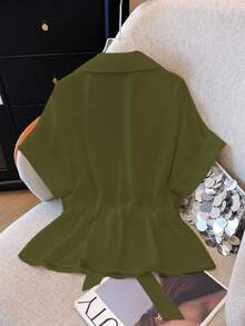 Franclia 女式V领拉链抽绳休闲短袖衬衫 - 軍綠色 - 查看 2