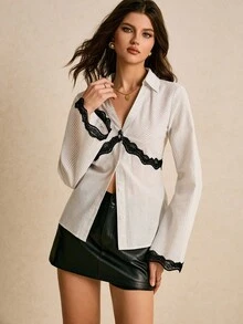 Poéselle Elegante Pendler-Bluse für Damen mit gestreifter Spitzenborte, elegante Blusen für Damen, Damen Blusen und Hemden, westliche Oberteile für Damen