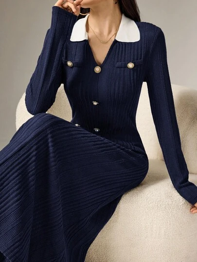 Heiryn 女士撞色纽扣装饰长袖中长连衣裙，优雅女装