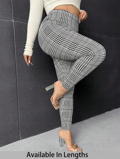 SHEIN Tall CURVE 大码女式高腰千鸟格休闲紧身裤