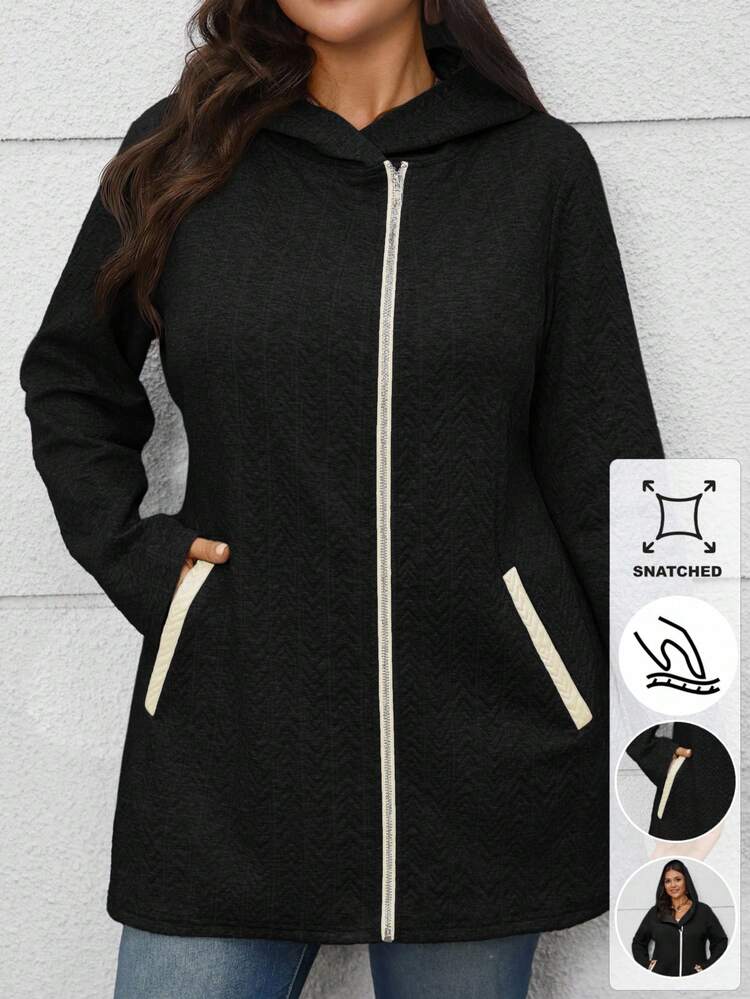 Plus Size Women Fall/Winter Casual Long Sleeve Black Zip-Up Hooded Sweatshirt With Pockets,Autumn/Winter,Going Out,2025 New,Simple And Fashionable For Everyday Wear, Winter, Christmas,New Year,Thanksgiving