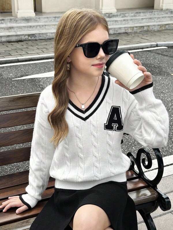 SHEIN Serisse Kids Tween Girl Solid White With Black Stripe Detail V-Neck Striped Cable Letter Patched Knit Casual Sweater, Warm For Autumn Winter, Back To School, Daily Wear, Chic Autumn Sweater, Back To School, Fall Winter Clothes, Cable Knit Sweater Girls Girls V Neck Sweater Girl Sweaters Tween Girl Knit Preppy Clothes For Girls