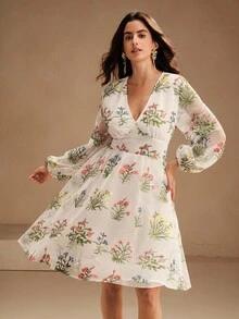 Anewsta Vestido de noche bohemio para mujer, vestido de graduación con escote en V, vintage, vestido de fiesta con estampado floral, vestido de novia - Blanco - Ver 5