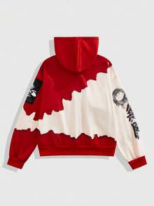 ROMWE MEN Anime sweat-shirt à capuche décontracté de base avec imprimé japonais pour hommes, automne - Rouge - Voir 2