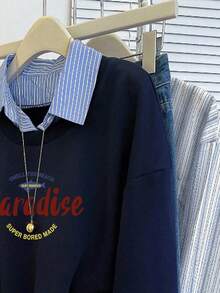 INAWLY 新款宽松时尚翻领二合一条纹长袖衬衫女式运动衫