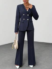 EURMUSE Striped Suit Set, Gold Details Blazer & Flared Fit Pants - Navy Blue - View 4