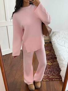 SHEIN Unity Women's Casual Solid Color Knitted Sweater And Pants 2 Pieces Set, Autumn/Winter