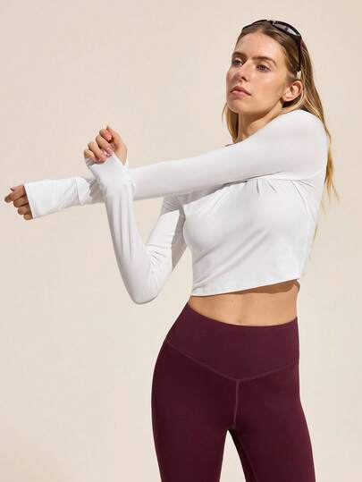 Easithlete Women's Solid Color Casual Versatile Long Sleeve Outdoor T-Shirt Long Sleeve Crop Women Sport Crop Top Shirt Workout Long Sleeve Top Blouse Gym