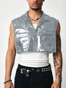 ROMWE MEN Street Life Men's KPOP Y2K Style Flap Avant Pocket Cropped Vest, Summer, Fall Winter - Multicolor - View 4