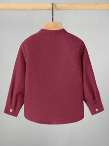 儿童男孩休闲立领纽扣衬衫，卡其色衬衫，基本款上衣，返校季，适合花园、海滩、生日 - 紅色 - 查看 2