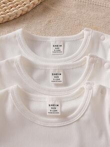SHEIN 3pcs/Set Casual Ribbed Long Sleeve Bodysuit For Baby Girls - White - View 4