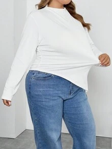 SHEIN CURVE+ Áo thun tay dài màu đen trắng cổ bẻ viền bất đối xứng 2 chiếc/bộ - Đen và trắng - Xem 7