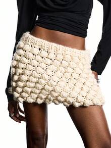 LYSMO 女士针织 A 字裙，时尚明星风格粗纱钩针球装饰休闲百搭裙 - 杏色 - 查看 8