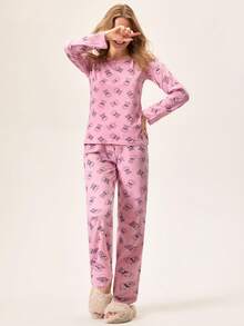 Loomlin Women Cotton 2pcs Cute Bear Pattern Comfort Pajama Set - Pink - View 3
