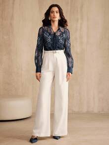 Anewsta Elegant Palace Style Fashion Pearl Decor Floral Collar Semi-Sheer Long Sleeve Blouse Top, Suitable For Spring, Summer, Festival, Graduation - Navy Blue - View 7