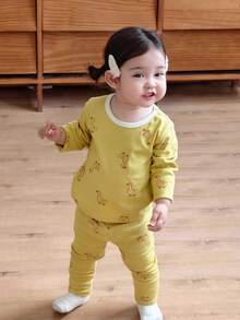DAZY 2pcs Baby Girls Cartoon Print Casual Comfortable Round Neck Top And Pants Homewear Set - Yellow - View 5