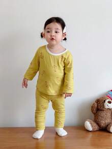 DAZY 2pcs Baby Girls Cartoon Print Casual Comfortable Round Neck Top And Pants Homewear Set - Yellow - View 6