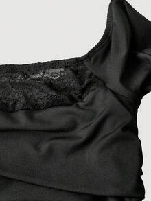SHEIN MOD Black Lace Patchwork Off-Shoulder Dress For Women - Black - View 3