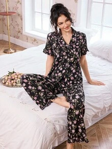 CottageSlumber Ruffled Collar Open Front Floral Print Short Sleeve Pajama Set For Women - Multicolor - View 1