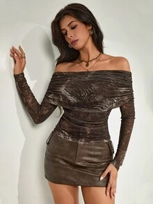 Chiquease Women's Fashion Animal Print Off Shoulder Ruched Fitted T-Shirt Fall Clothes For Women - Brown - View 4