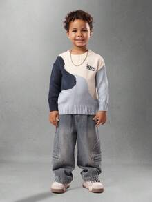 Winter Kids Knitted Color Block Jumper With Small Logo Casual Pullover Long Sleeve Ribbed Trim Cozy Autumn Sweater Fall - Multicolor - View 5