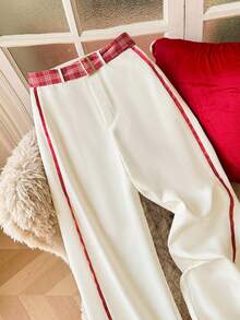 GlowEve Quần ống rộng họa tiết kẻ caro vá lỗi Giáng sinh dành cho nữ - Màu be - Xem 3