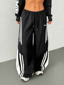 SHEIN PETITE Pantalones de paracaídas con bloques de color para mujer, pantalones cargo para primavera y verano, ropa de calle y salir - Negro - Ver 9