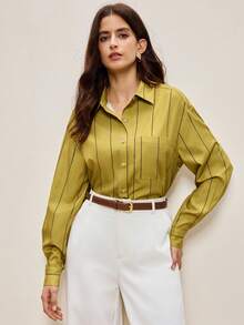 BizChic 2025 Autumn/Winter New Yellow-Green Striped Print Lapel Button-Front Women's Shirt, Modern Elegant Urban Business Casual Office Wear, Suitable For Dates, Parties, Outings, Airports, Romantic Country Music Concerts, Old Money Style, Korean Fashion, Airport, Wedding Guest, Birthday, Halloween, Christmas,Fall Tops Women Work Blouses Women Button Down Shirts Office Blouse Striped Shirt Women - Green - View 5